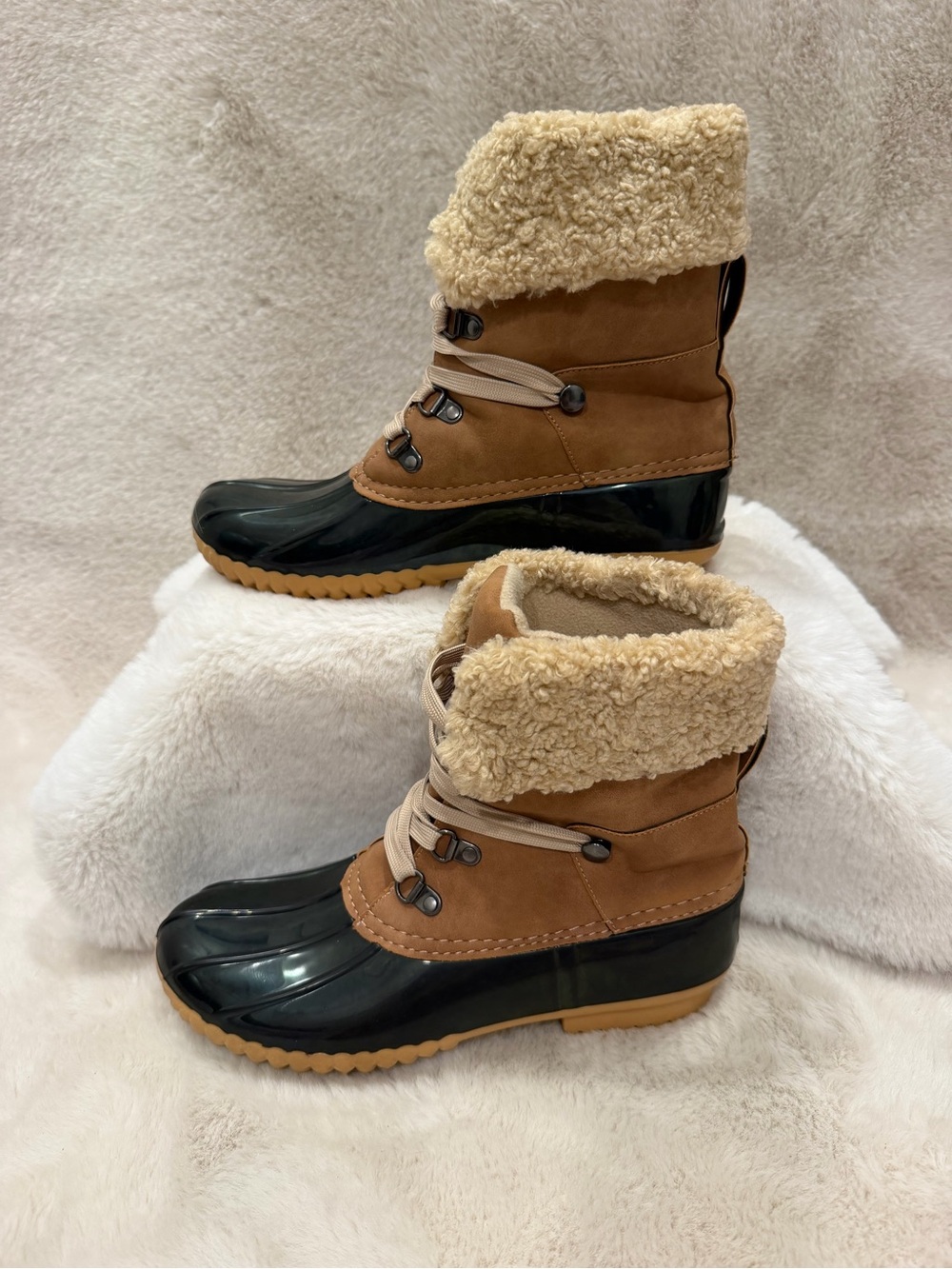 Dolce Vita Black and Tan Shearling-Trim Duck Boots